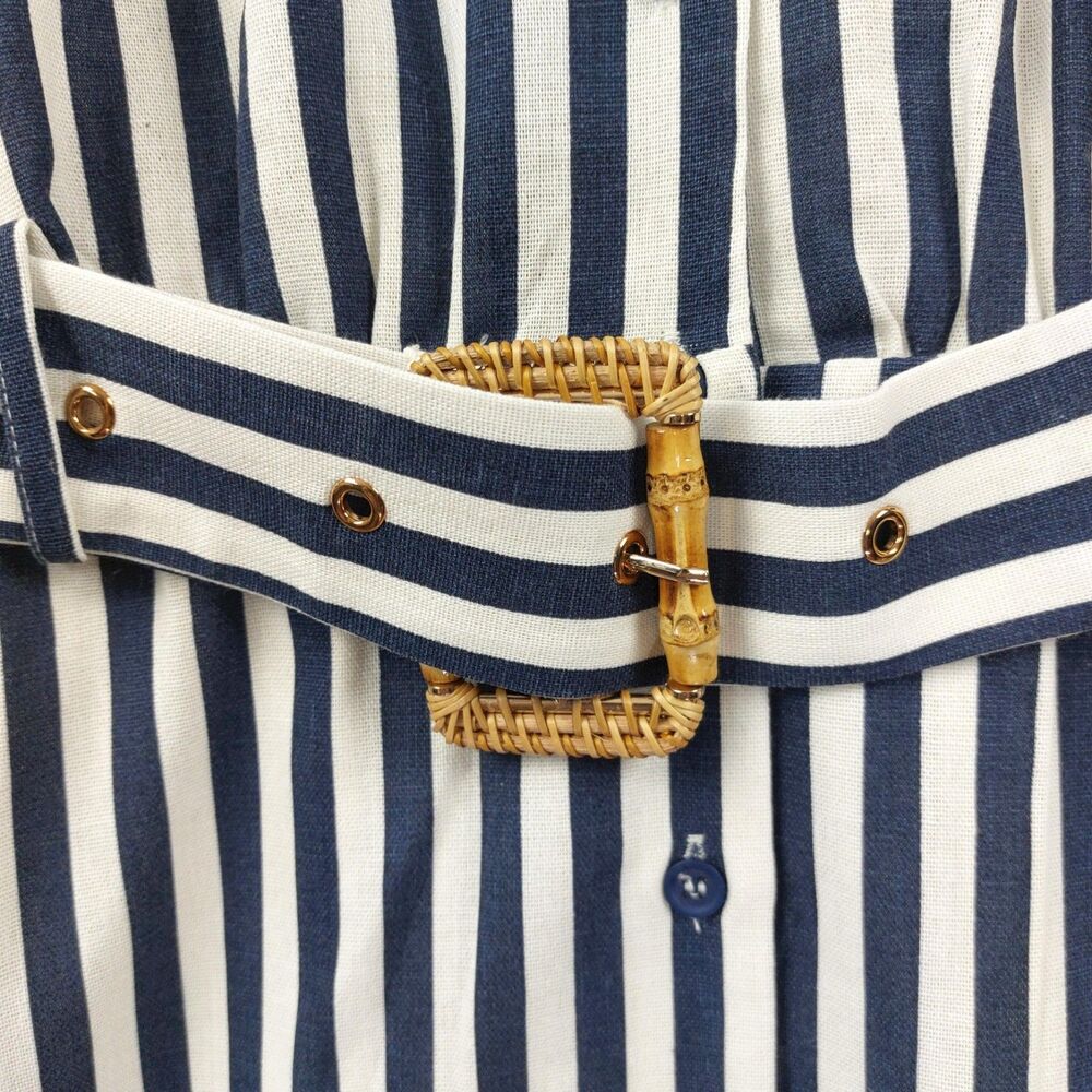 Entro Blue White Stripe Belted Midi Shirt Dress M Coastal Chic Pockets - Picture 14 of 16